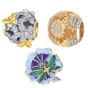 Floral & Nature Silver Charm Bead, Enamel, Flower/Butterfly/Sunflower Designs For Nature Jewelry, Suitable for bracelets and necklaces, jewelry gift for women Mother's Day/Birthday/Gardener Gifts