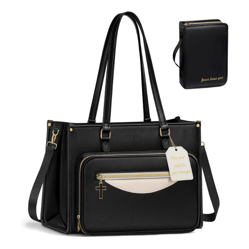 Ytonet Bible Bag with Bible Cover Case for Women, Premium PU Leather Bible Tote Bag Church Bag with Cross Zipper Design for Bible Study Supplies, Christmas Christian Gifts for Women, Black Summer Sale