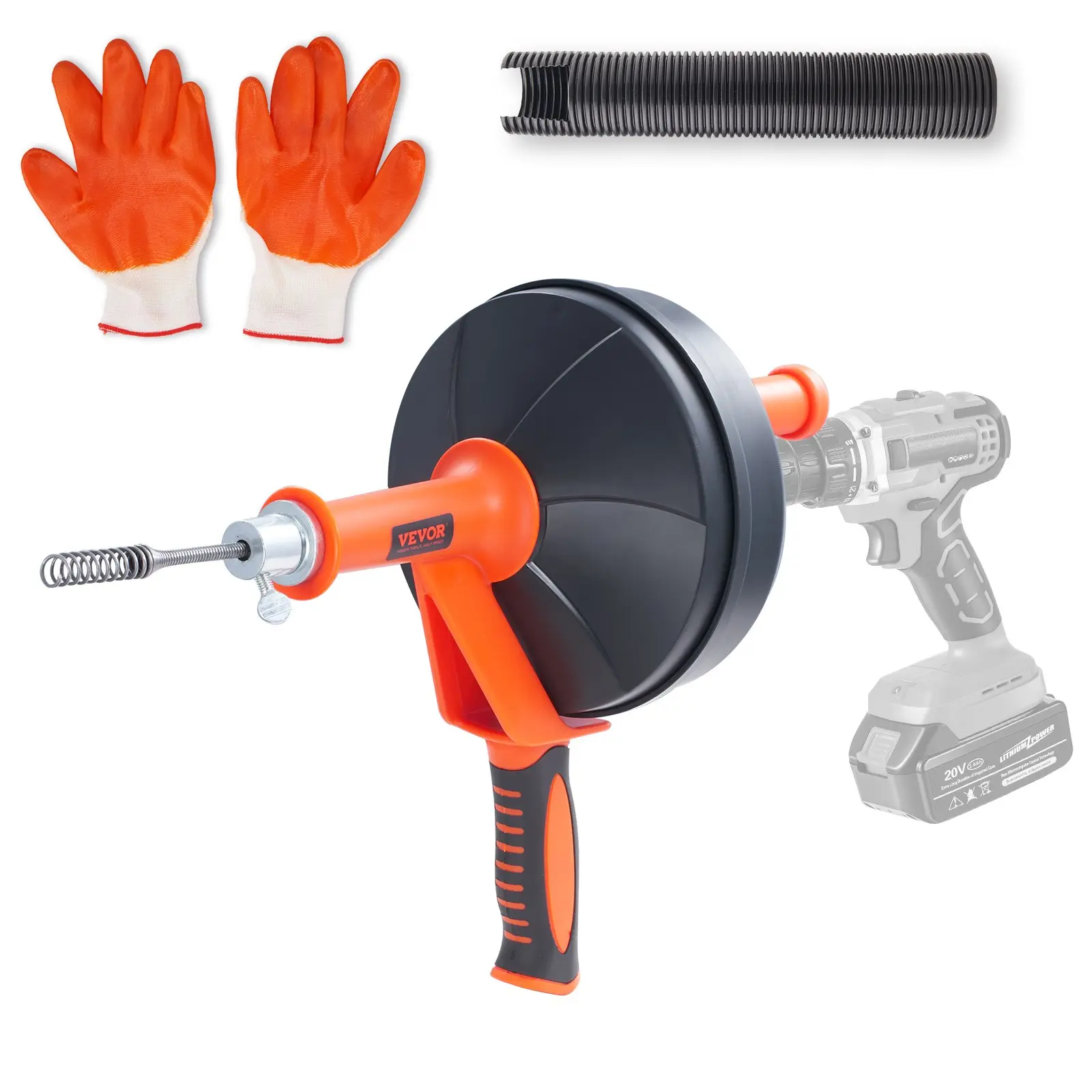 【Summerfinds】VEVOR 25 ft Manual Drain Auger, 70# Steel Spring Plumbing Snake with Drill Attachment, Bellows Protective Hose & Gloves, 3 lbs Clog Remover for Kitchen/Bathroom Sinks/Showers, Flexible Yet Rigid Cable Hand Tool (13x6.49x11.41 in)