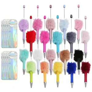 20 Set Multicolor Plush Beadable Pen with 20 Bags Retractable Diamond Bead Pen Plastic DIY Bling Pens Cool Shaft Beaded Pen Black Ink for DIY Making Party Office