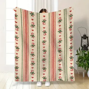Christmas Candy Cane & Heart Throw Blanket, Soft Knit - style Blanket for Bed, Extra Large Machine Washable, All Season Flannel, Comfort for Home Office, Xmas Gifts for Family