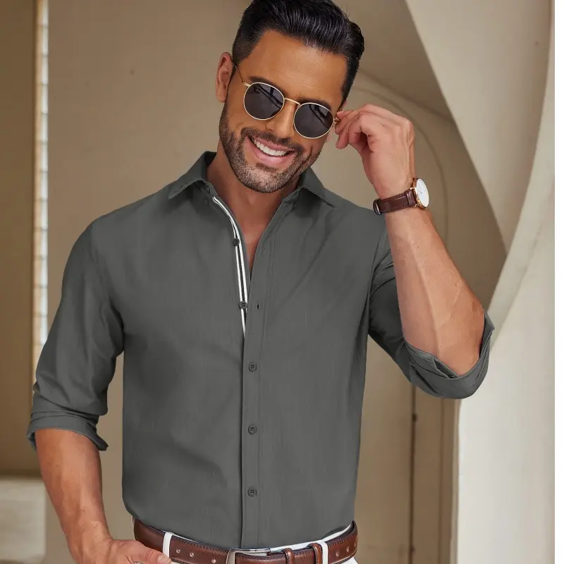 COOFANDY Men's Casual Long-Sleeve Button-Down Shirt - Stretch Denim Rayon Fabric Clothes with Spandex, Contrast Webbing, Textured Plain Stylish Design, Ideal for Holidays, US Sizes, Pair with Trousers