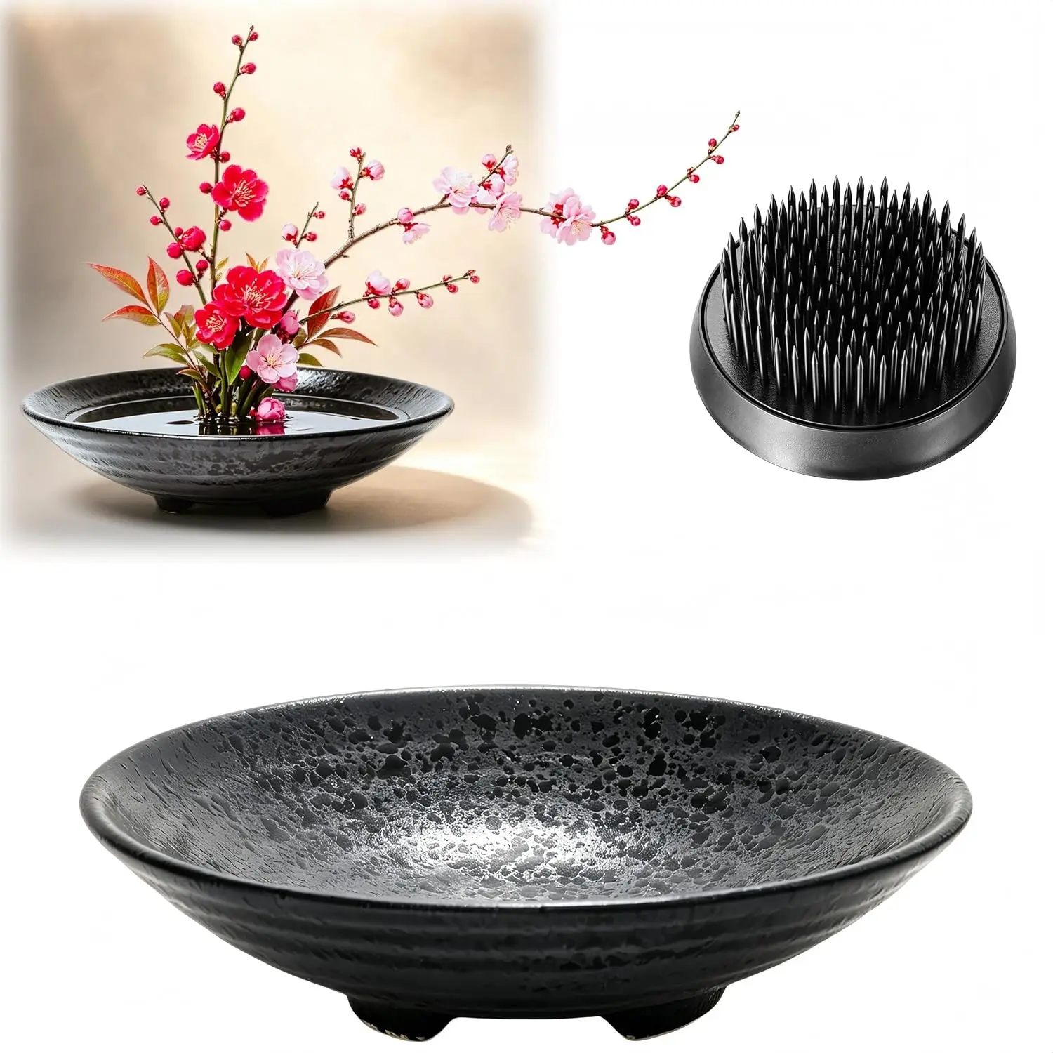 6.7inch Japanese Ikebana Vase Kit Floral Frog Bowl Flower Container with Kenzan - 1.57inch Black Flower Frog, 6.7inch Bowl Vase