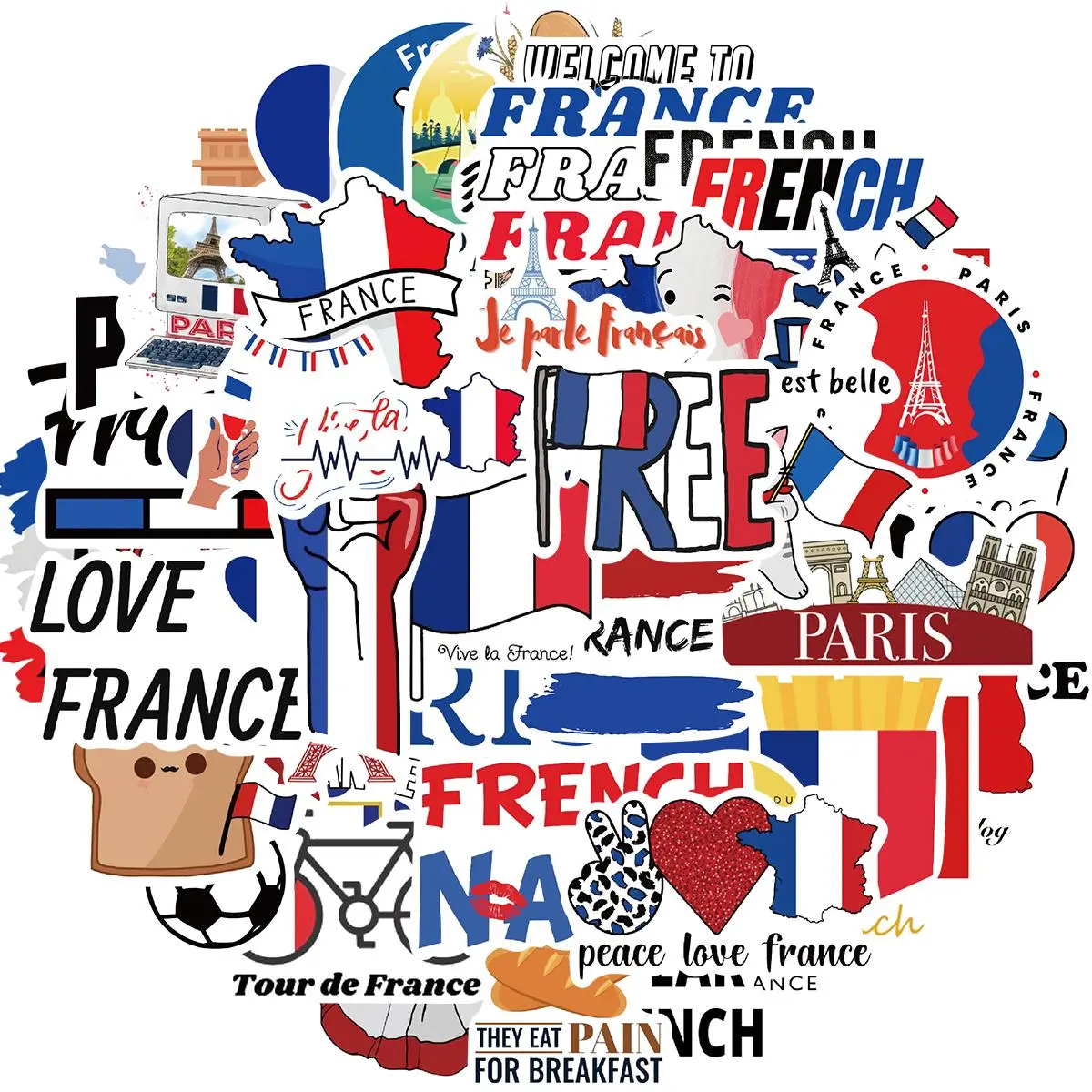 France Themed Sticker, 50pcs/set Self Adhesive Decorative Stickers, DIY Decals for Water Bottle, Laptop, Phone Case, Scrapbooking, Journal Making