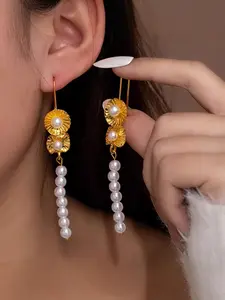 Vintage Flower Pearl Dangle Earrings, Elegant Long Drop Jewelry for Hanfu, Weddings, and Daily Wear