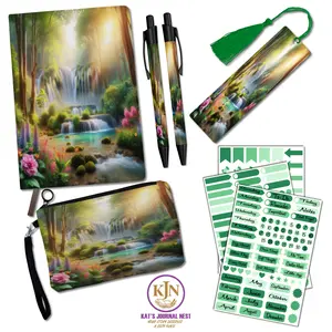 Echoes of Nature Waterfall Cozy Add‑On Bundle – Personalized PU Leather Journal with Pens, Bookmark, Stickers & Linen Pouch  Kat’s Journal Nest