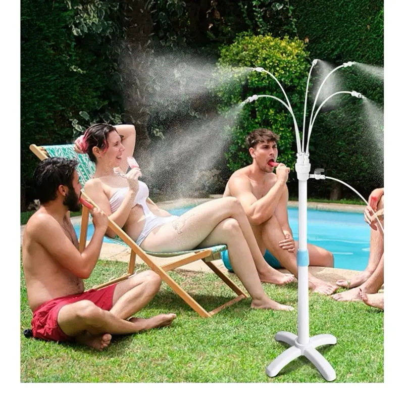 Misters for Outside Patio, Standing Misting Cooling System, Portable Water Mist Hose Kit for Outdoor, Adjustable Height & 5 Spray Nozzles for Backyard BBQ Cool Pool Tanning Garden Kids Having Fun.