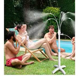 Misters for Outside Patio, Standing Misting Cooling System, Portable Water Mist Hose Kit for Outdoor, Adjustable Height & 5 Spray Nozzles for Backyard BBQ Cool Pool Tanning Garden Kids Having Fun.