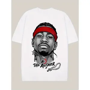 Men's Allen Iverson The Answer Retro Basketball Star Anime Graphic Printed T‑Shirt Acid Snow Wash Oversized Heavyweight Breathable Stretch Cotton Short Sleeve Top Hip Hop Streetwear Trendy Casual Daily Sports Wear Unisex Fashion Accessories Tee For Men Wo