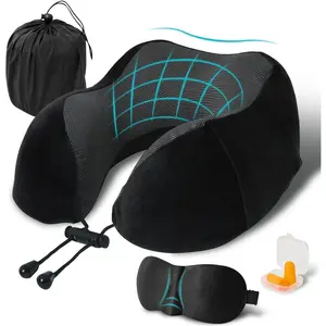 Memory Foam U Shape Travel Neck Pillow Portable Airplane Travel Kit with 3D Contoured Eye Masks and Earplug for Plane Train Car Home Office - Black