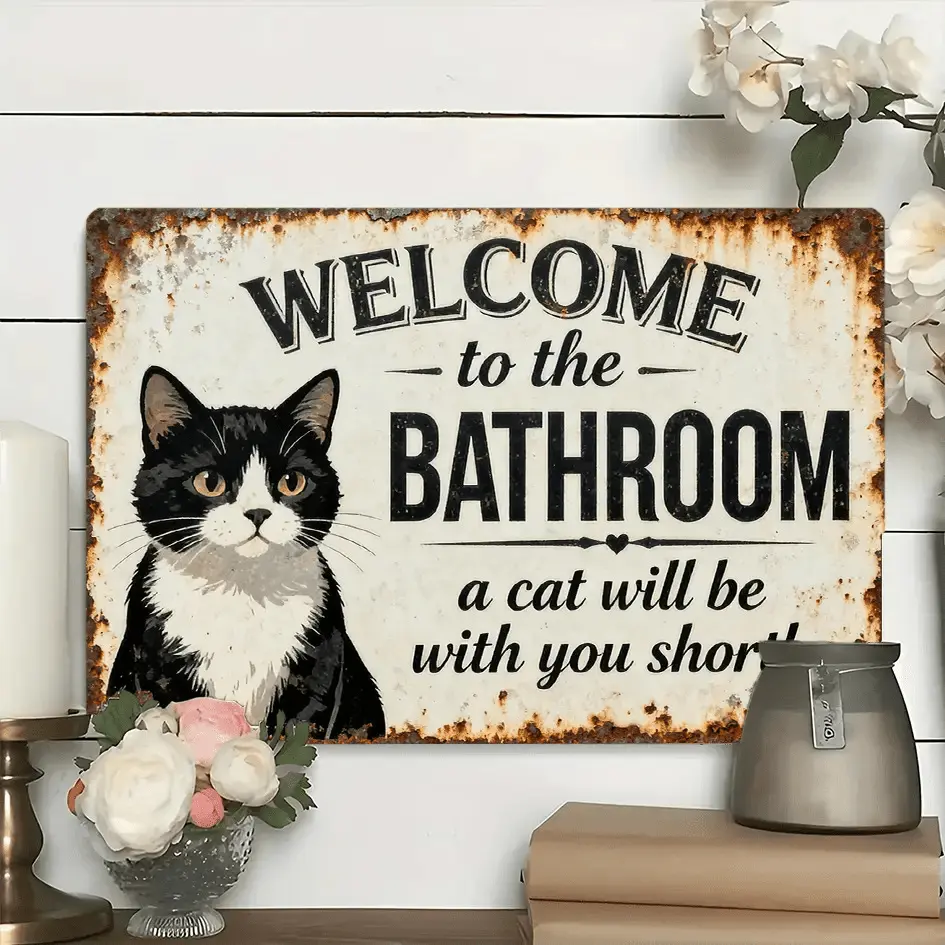 Deluxe Flat Aluminium Sign, Retro Welcome To The Bathroom Message, Adorable Cat-Themed Home Decor, Pre-Drilled Decoration Item for Bathroom WallSarcastic Pet Lover Gift, Aesthetic Restroom Decor