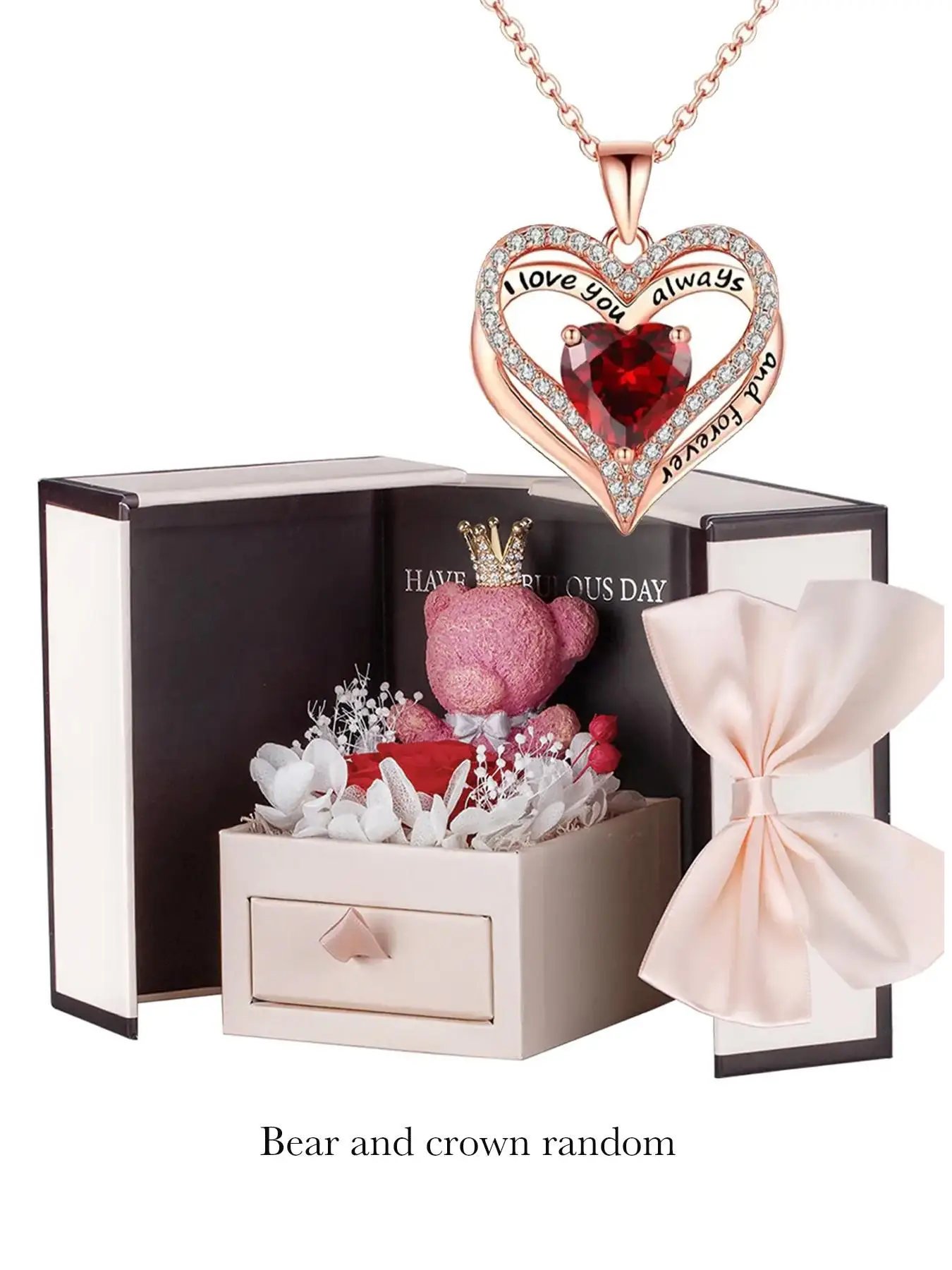 Summer 2024 Rhinestones Heart Shaped Pendant Necklace with Red Immortal Flower & Bear Gift Box, Fashion Teen Girl Accessories for Party, Daily Clothin