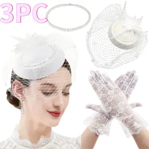 STYRKE 3PCS 50s Fascinators Hat for Women Tea Party with Short Lace Gloves Imitation Pearl Necklace Clothing Accessories - Home Improvement