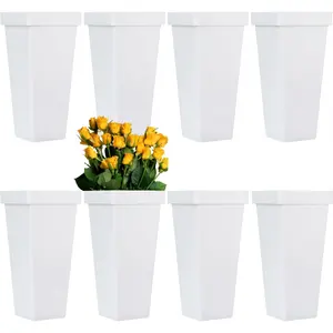 8 count Flower Buckets for Cut , 13.38 Inch Plastic Floral Buckets Modern Square Vases for Centerpieces Display Decorative Plastic Vases for  Office Wedding Decor - White