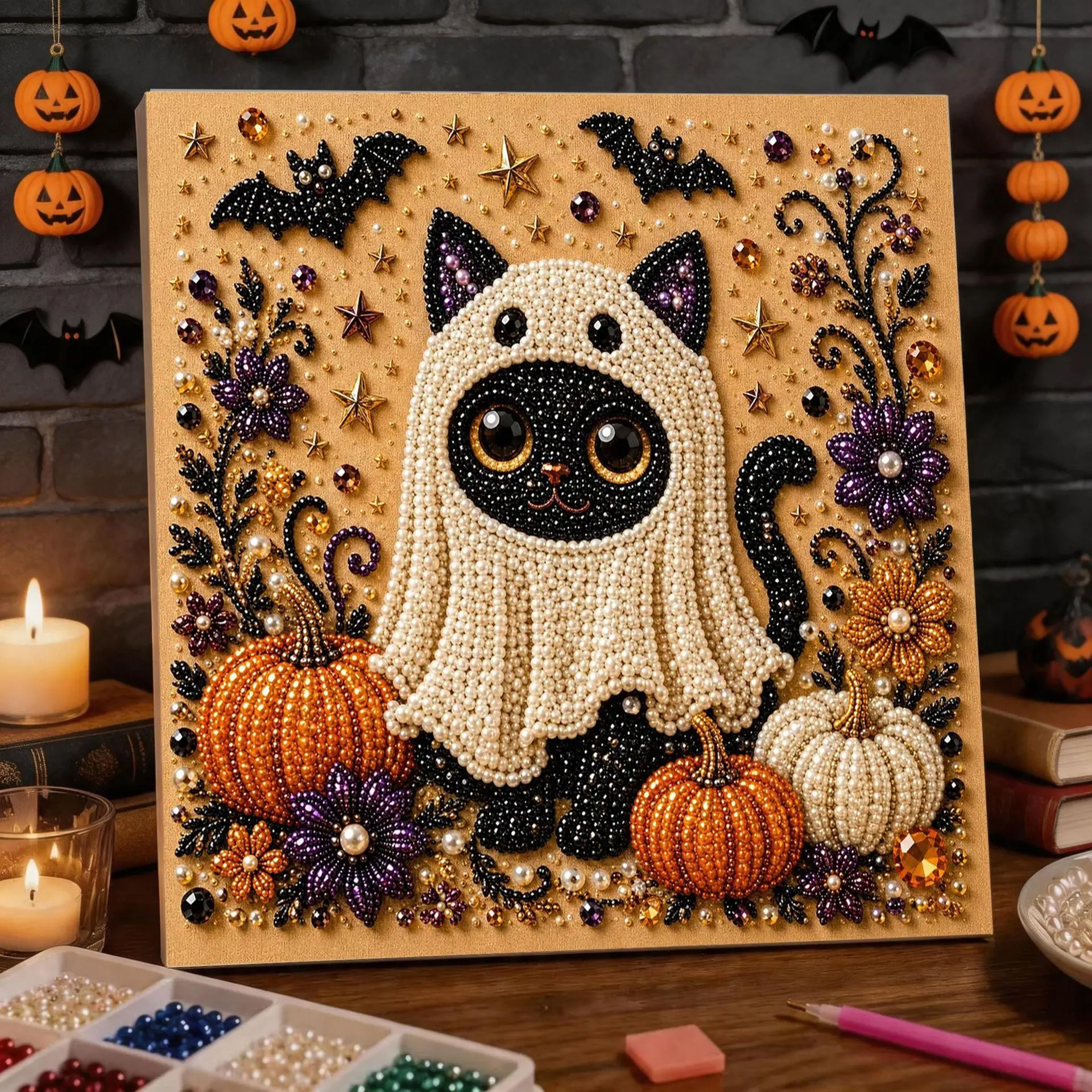 Halloween Ghost Pearl Art DIY Kit,3D Diamond Painting Kit for Adults,Autumn Home Decoration murals, Exercise Hands-on Skills.