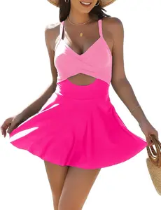Swimming Costume for Women Hollow Pleated Skirt Swimsuit One Piece Swim Dress Tummy Control Swimwear with Boyshort