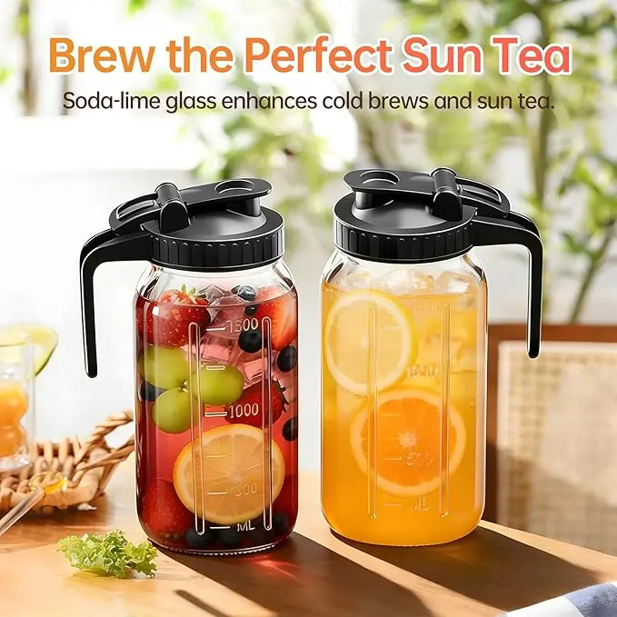2PCS glass water kettle 64OZ, Mason jar water, lid spout, wide mouthed leak proof water kettle, cold water kettle, suitable for storing breast milk juice, water, milk, tea, iced coffee beverage set scale Tumbler with and Straws Fall Themed oak sip,su