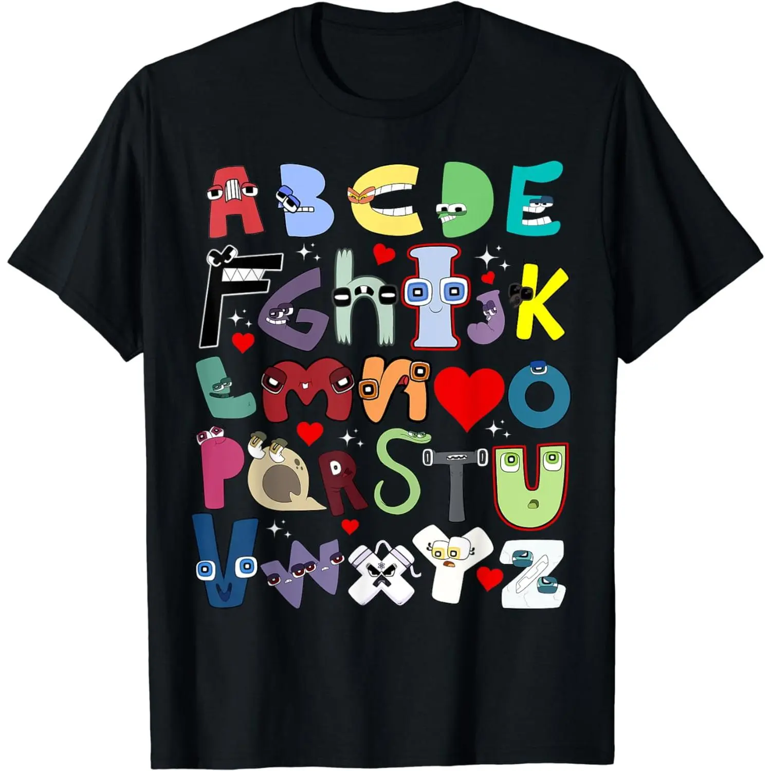 Women's Fitted Cotton Short-Sleeve Stretch Round Neck T-Shirt - Casual A-Z Letters Alphabet Print Top for Valentine's Day, Shortsleeve, Fabric