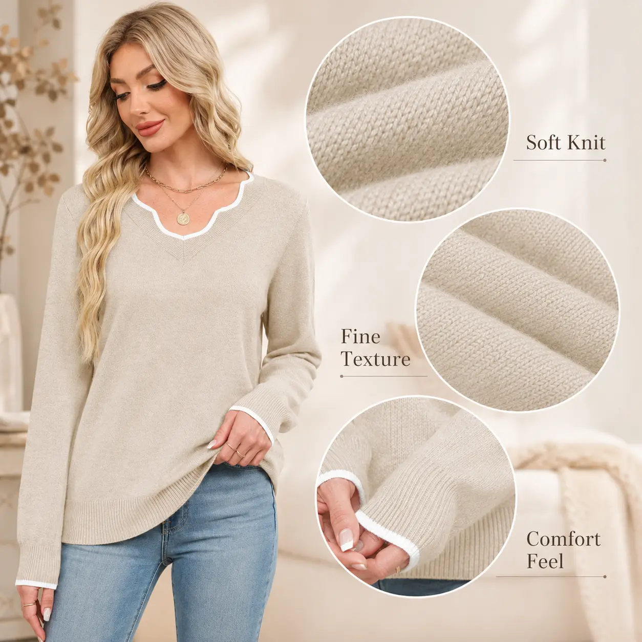 OFEEFAN Women's Soft V-Neck Pullover Sweater Lightweight Knit Top for Layering Casual Apricot Longsleeves Womenswear