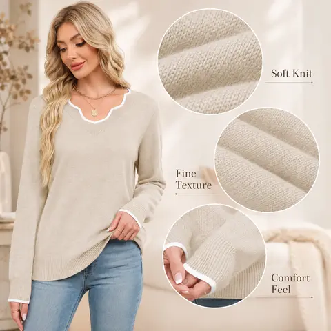 OFEEFAN Women's Soft V-Neck Pullover Sweater Lightweight Knit Top for Layering Casual Apricot Longsleeves Womenswear