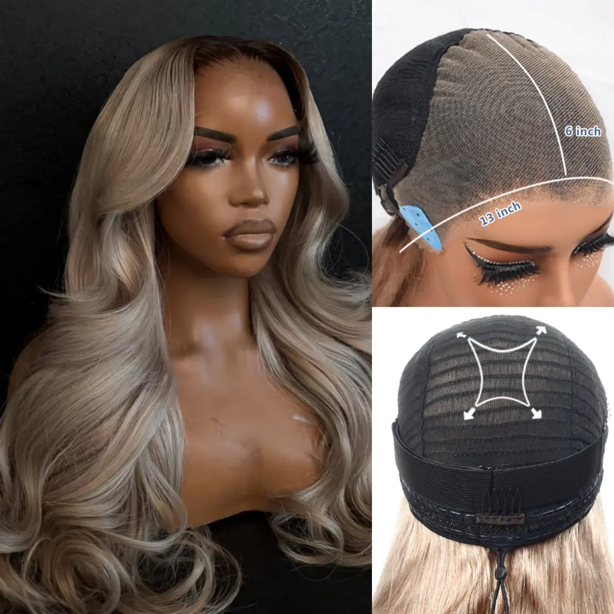 180 Density Ombre Ash Blonde 13x6 Drawstring Glueless Lace Front Human Hair Wigs with Honey Brown Roots 13x6 Lace Front Human Hair Body Wave Wigs for Women