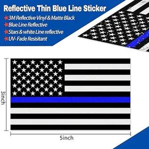 Reflective US Flag Decal Packs with Thin Blue Line for Cars & Trucks, 5 x 3 inch American USA Flag Decal Sticker Honoring Vinyl Window Bumper Tape (3-Pack)