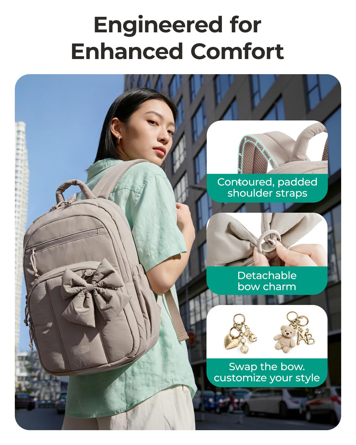 【NEW IN】BAGSMART Cute Puffer Backpack for School Girls, Detachable Bow Lightweight 15.6" Laptop Bag, Durable Nylon Daypack for Travel & Commute