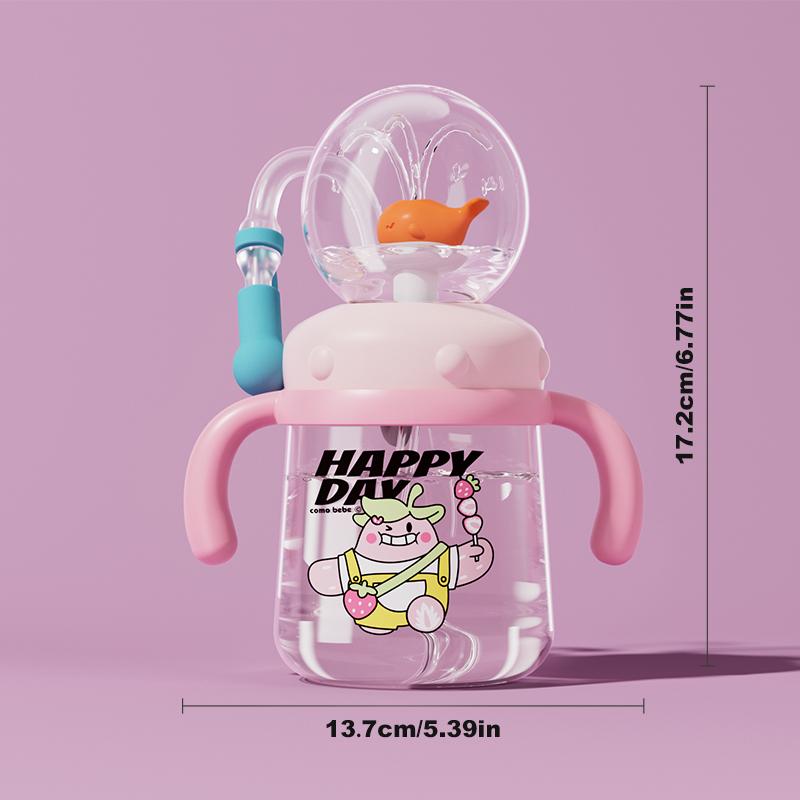 【COMOBEBE】10oz Spill-Proof Tritan Rocket Ship & Whale Fountain Sippy Cup – BPA-Free, Soft Straw, Fun Spray Design, Dishwasher Safe, Perfect for Kids