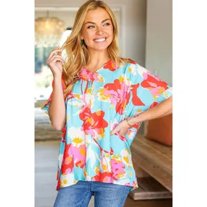 Weekend Ready Aqua & Coral Floral V Neck Woven Top