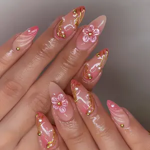 24 pcs Medium Almond Flower Design Acrylic Fake Nails Summer New 3D Fresh Flower Press on Nails Wearable Nail Art, Removable Nail Tips with Pearl and Gold Beads, Artistic False Nails