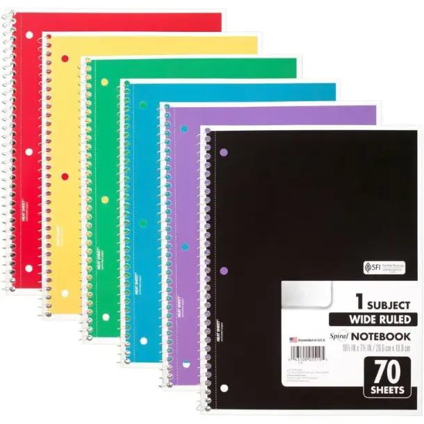 Spiral Notebook, 6 Pack, 1 Subject, Wide Ruled Paper, 7-1/2" x 10-1/2", 70 Sheets per Notebook, Colors Will Vary