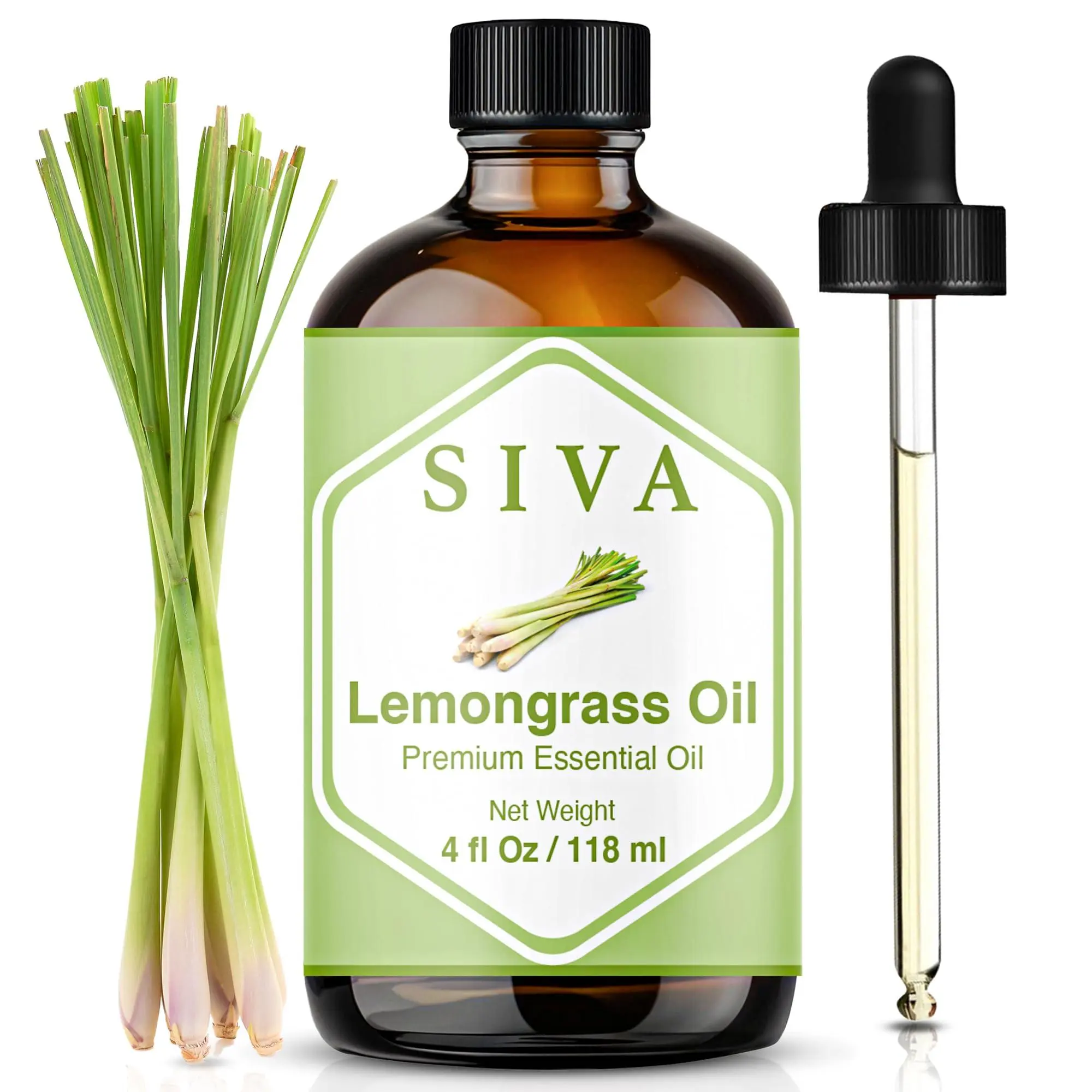 Siva 100% Natural Lemongrass Essential Oil - 4 Fl Oz with Dropper, Therapeutic Unisex Remedy for Aromatherapy, Diffuser, Relaxation, Calming, Soothing Selfcare (Skin, Hair, Scalp, Massage)
