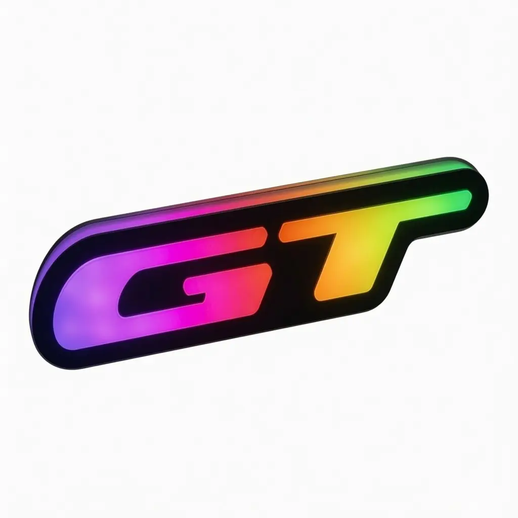 GT LED Grille Emblem, RGB Flow Series Illuminated Badge with Bluetooth + Remote Control, Universal Fit for Ford Mustang, Dodge Charger, Challenger, Durango GT