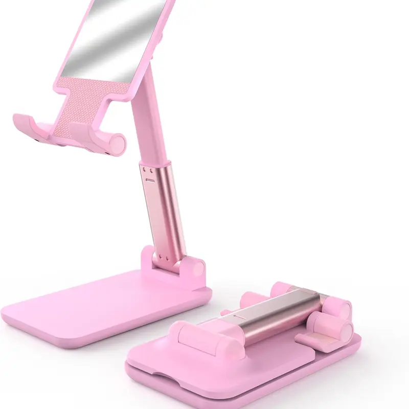 Cell Phone Stand, Adjustable Angle and Height Cell Phone Holder for Desk, Foldable and Portable, Anti-Slip Silicone Pad, Compatible with All Mobile Phones and 4-8 Inch Devices, Pink