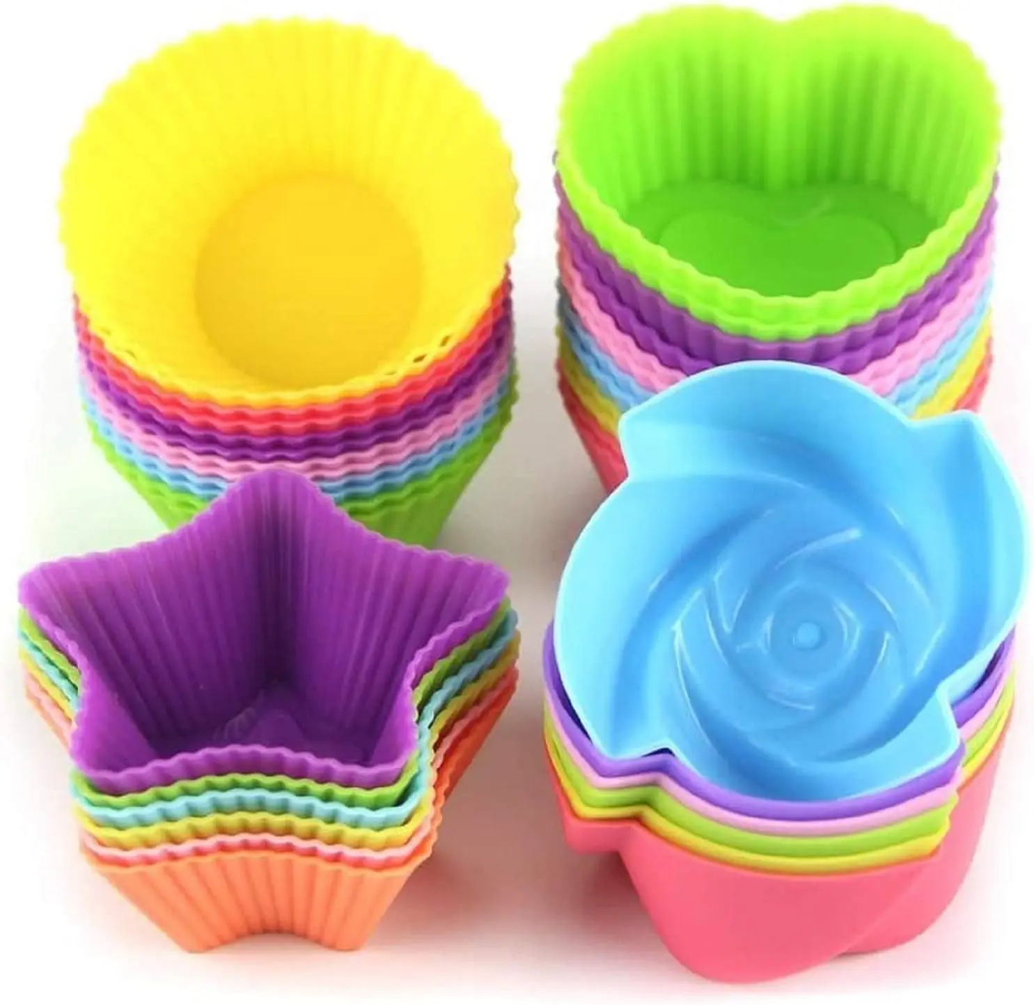 24pcs Food Grade Reusable Silicone Bakeware Set - Nonstick, Easy-Clean, Standard Size Cupcake Liners & Muffin Molds with Playful Shapes (Round, Hearts, Stars, Roses) for Family Home Baking - Flexible Home Improvement Essential