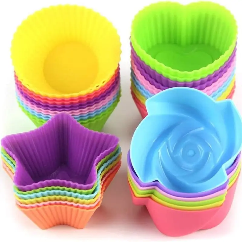 24 Fun Shapes Food Grade Silicone Bakeware Set - Home Improvement Kitchen Essential, Cupcake Liners, Nonstick, Reusable, Dishwasher-Safe, Flexible, Standard Size, Deodorant, All Seasons for Family Baking (Star/Heart/Rose Designs)