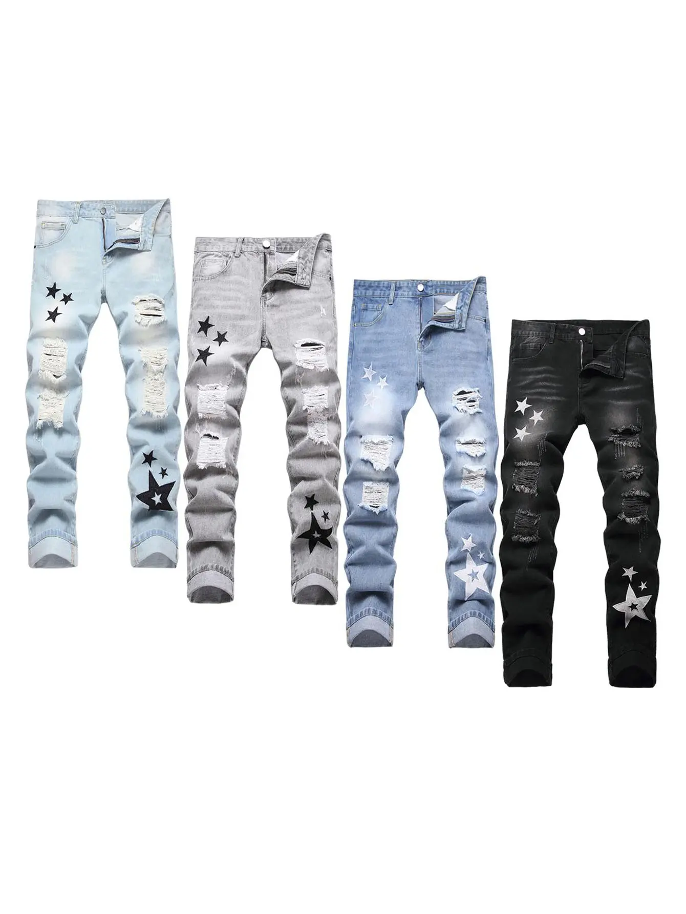 Men's Slim Fit Denim Trousers - Patterned, Casual Comfy, Mid Waist Style for All Seasons, Machine Washable, Casual Comfy Jeans, Embroidery, Prop 65 Safe, Denim Fabric, Slim-Fitting, Everyday Comfortable, Straight Pants, Street, Washed