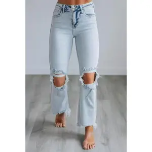 Distressed Wide Leg Jeans Women's New Slim-Fit Ankle-Length Jeans with Ripped Details