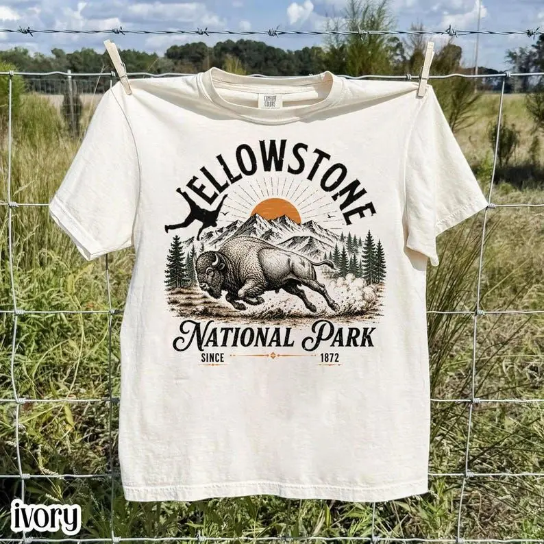 Vintage Yellowstone National Park Bison Comfort Colors Shirt, Retro Buffalo Mountain Graphic Tee, Wildlife Nature Hiking Shirt