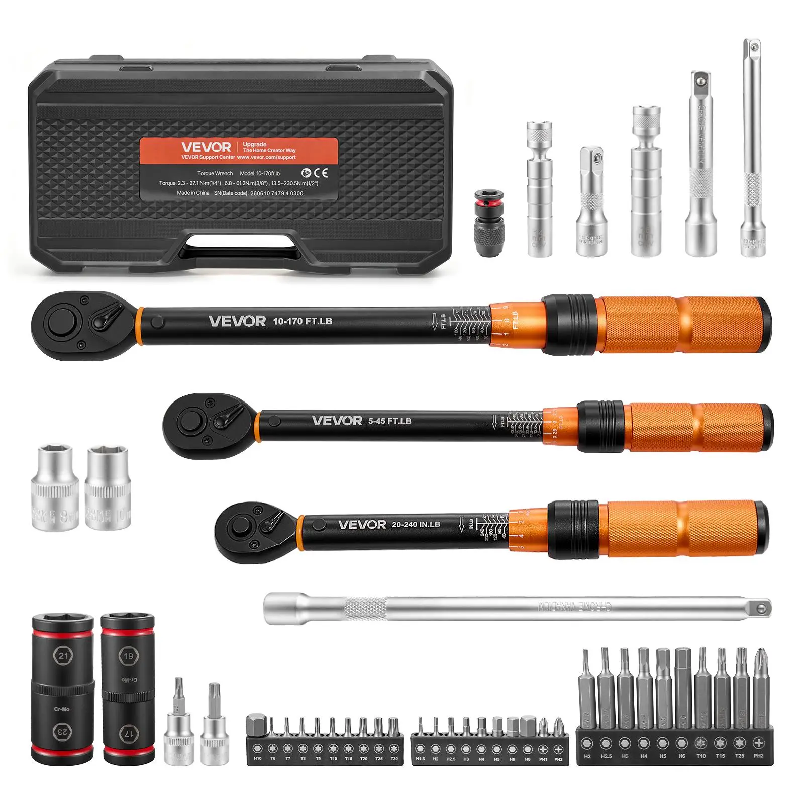 VEVOR 47-Piece Torque Wrench Set, 1/4"-3/8"-1/2" Drive 72-Tooth Ratchet, ±3% High Precision, High-Contrast Dual Scale Readings, with Spark Plug Sockets, Bits, Extension Bars, Storage Case, for Automotive, Bike, Motorcycle Repair