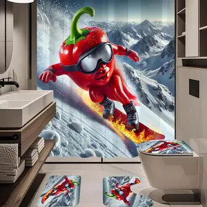 1/4pc Skiing Chili Man Pattern Bathroom Set, The 4-piece set includes a single shower curtain, anti slip floor mat, toilet U-shaped mat, toilet lid mat, with shower curtain hook, and belongs to bathroom decoration products