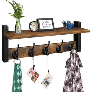 Wall Hooks with Shelf, Wood Coat Rack with Shelf Wall-Mounted, Entryway Hanging Shelves with 5 Metal Hooks for Clothes Hats Towel Purse Robes, Bathroom Mudroom Bedroom, Rustic Brown Black