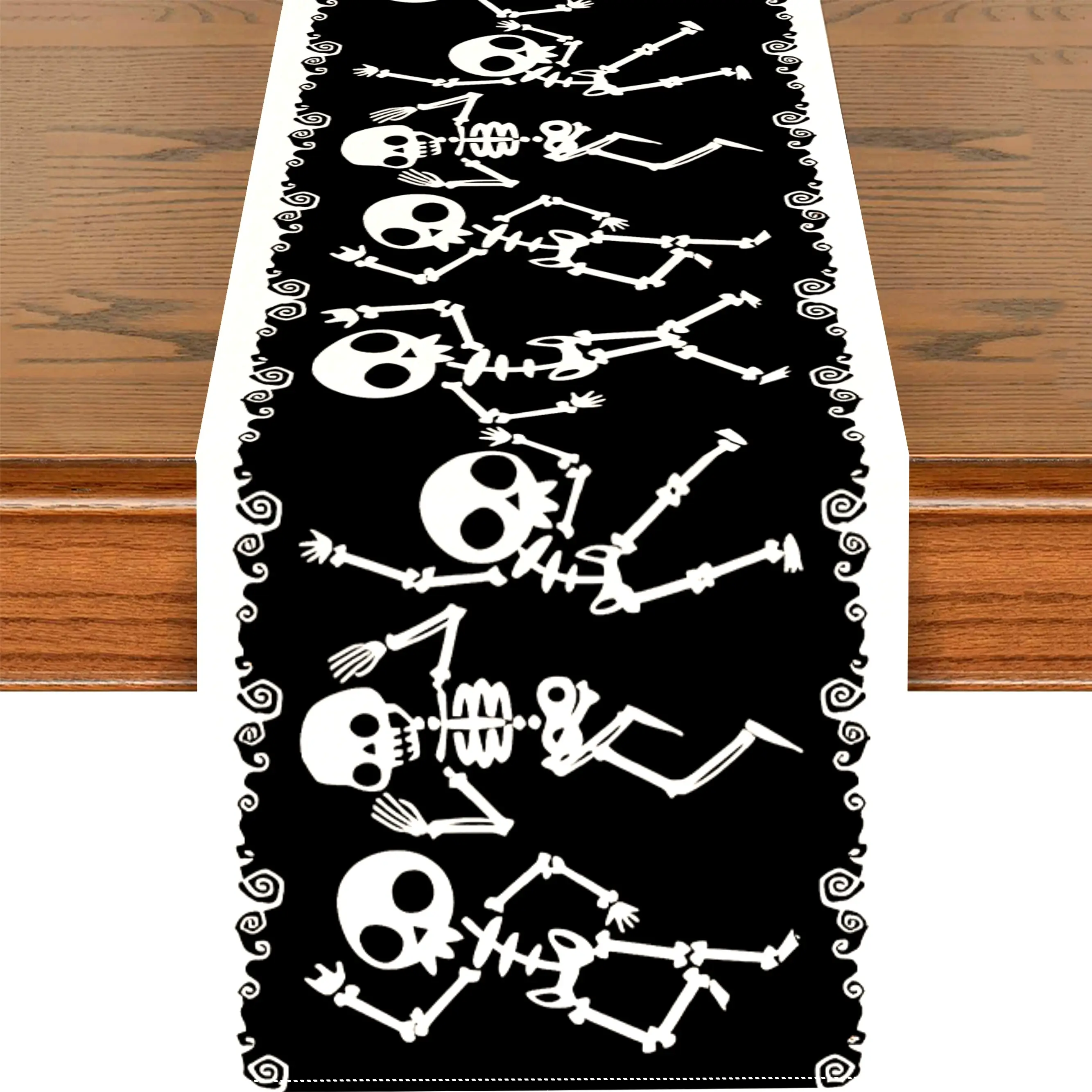 1pc of Halloween Table Runner Featuring Dancing Skeletons, a Humorous Black Linen Design Perfect for Seasonal Halloween Decorations in Home Kitchens And Dining Parties, Available in Sizes 13X72 Inches