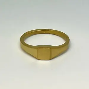 Brushed Gold Tone Stainless Steel Signet Ring – Minimalist Square Face Waterproof Tarnish Free Everyday Jewelry