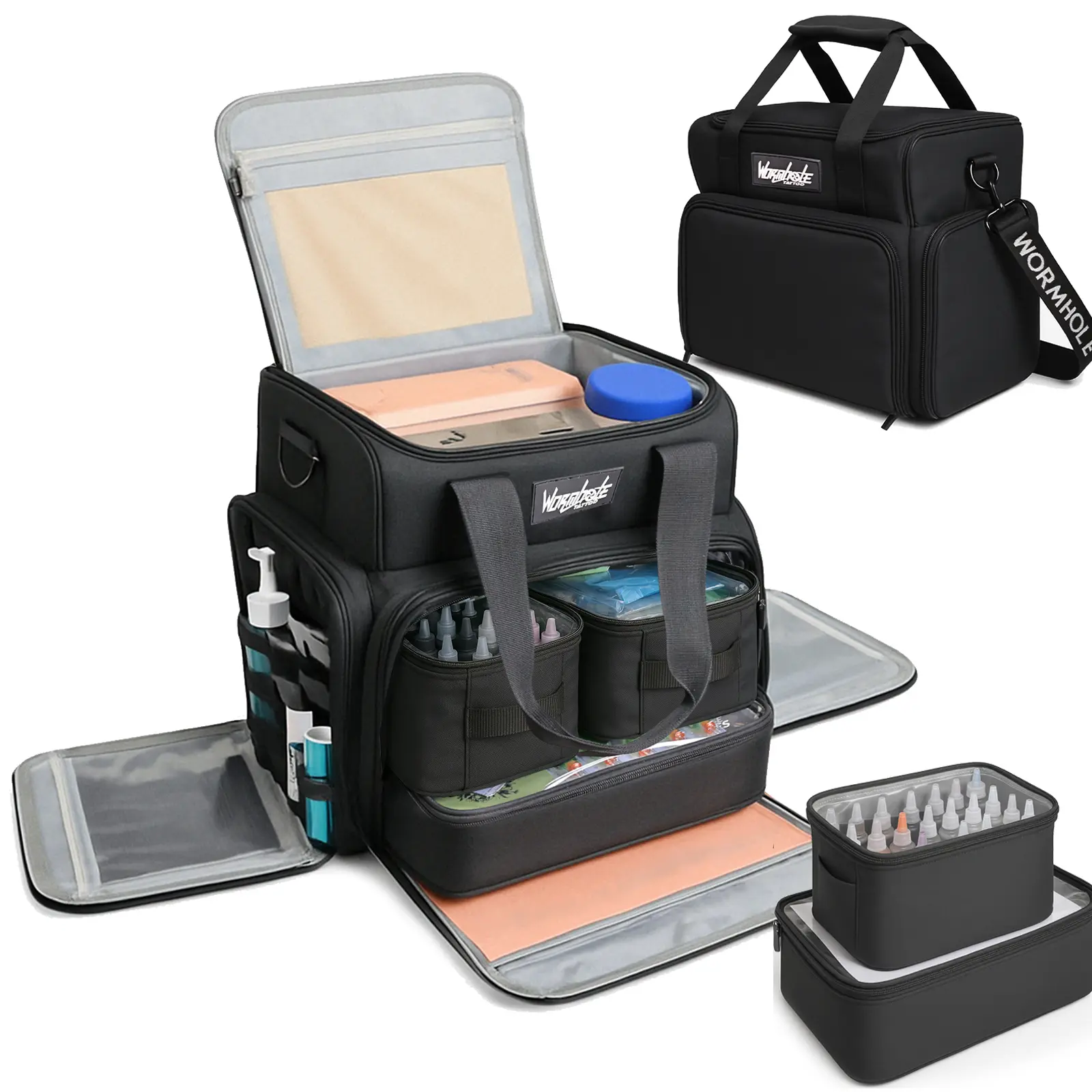 WORMHOLE Professional Tattoo Backpack - Water-Resistant Functional Organizer with 3 PVC Pouches, Dual Storage, Fits Full Supplies & Stencil Printer, for Studio & Travel, Chic, Synthetic, Dustproof, Adjustable Strap, Adults, 14.6" L X 9.5" W X 14.2" H