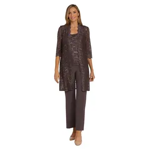 Metallic Lace Tank Top and Pant Set with Sheer Lace Jacket