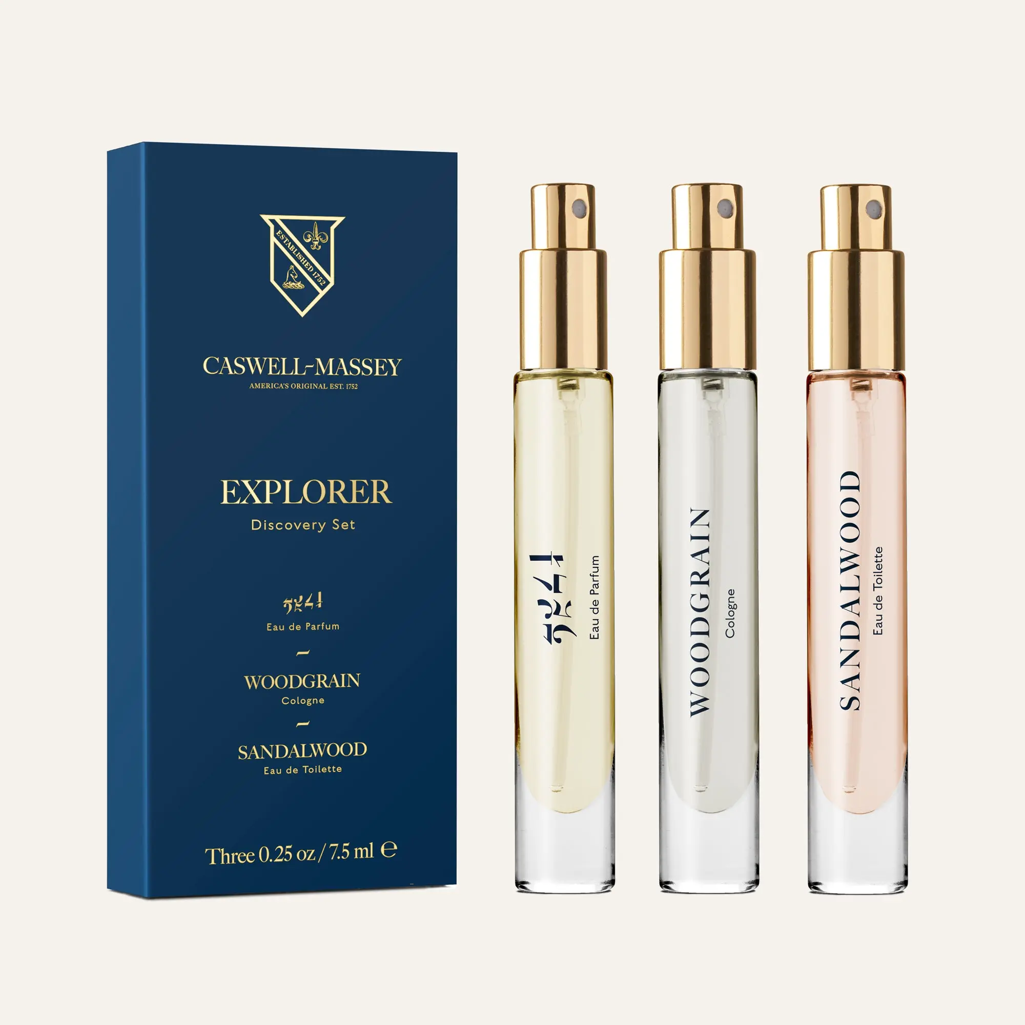 Caswell-Massey Sandalwood Explorer Discovery Set for Men | Luxury Fragrance Discovery Set | 2571, Woodgrain Sandalwood, Sandalwood | 3 x 7.5ml