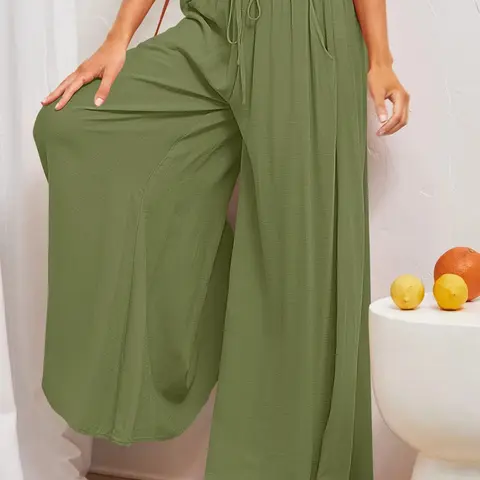 New Spring Summer Casual Adjustable Drawstring Pockets Solid Wide-Leg Trousers, Fashion Versatile Loose Pants for Women, Comfortable and Stylish Everyday Wear