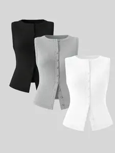 Elegant Casual Button Cardigan for Women, Stylish Plain Vest 3-Piece Set for Spring Summer Fall, Versatile and Trendy