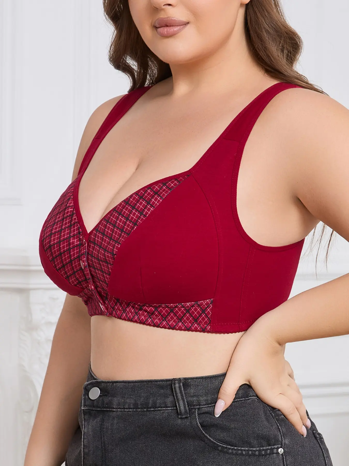 Elegant Grid Print Bra for Plus Size 0XL-4XL - Wireless Front Closure Support, Back Smoothing Full Coverage Bralette, Breathable Everyday Comfort Bra